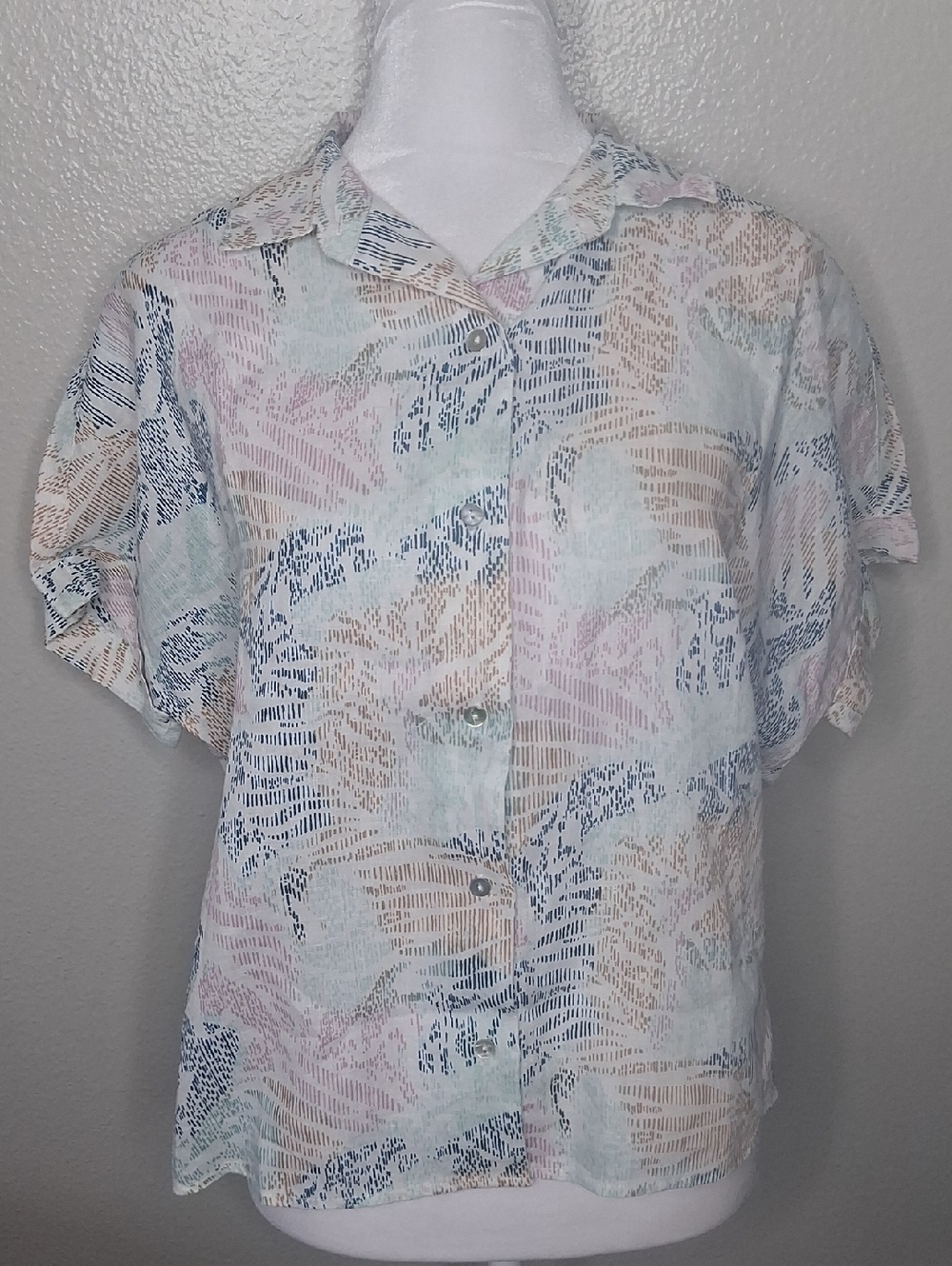 Sigrid Olsen Linen Boxy Tunic Button Shirt Short Sleeve Top Summer Coastal S
